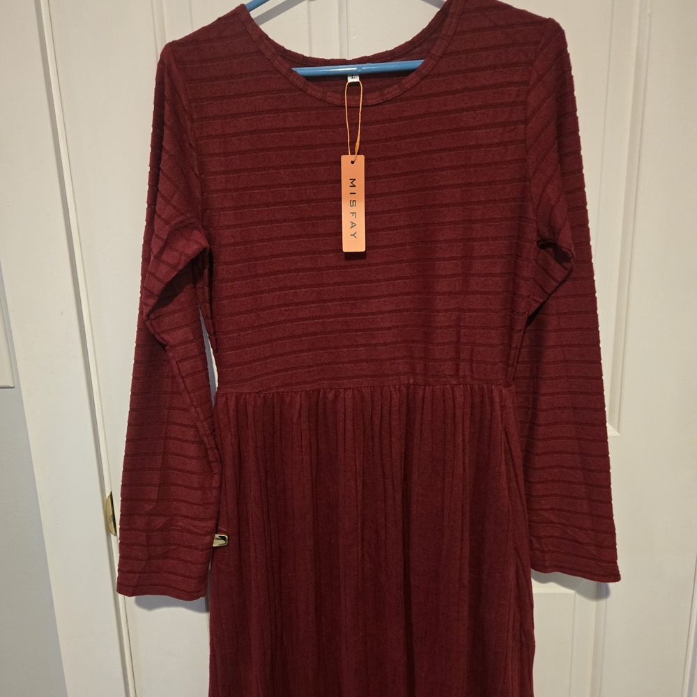 MISFAY Burgundy Striped Long Sleeve Dress